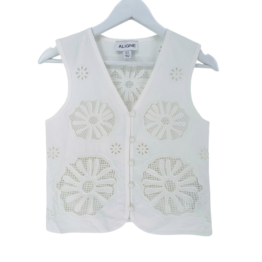 Aligne Chloe Vest Top Size 0 White Organic Cotton Eyelet Floral Embroidered Boho